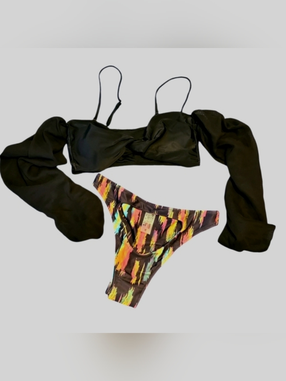 Matte Collection Black and Multicolor High Waist Cut-Out Bikini Swimsuit
